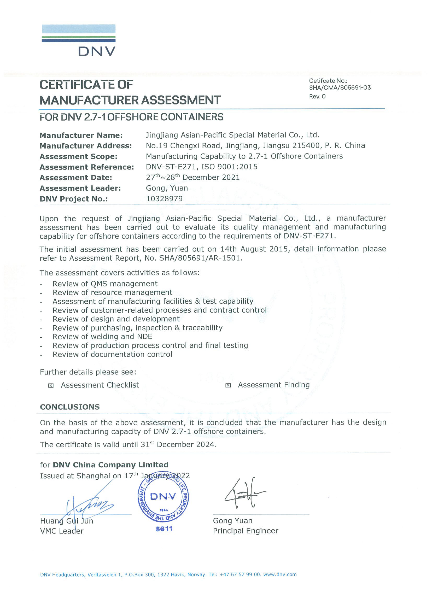 CERTIFICATE OF MANUFACTURER ASSESSMENT